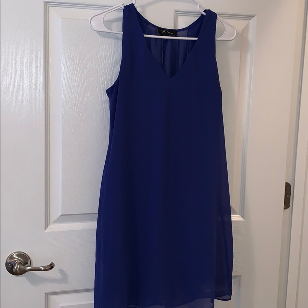 BCX Blue Chiffon Sheath Dress with Back Ruffle